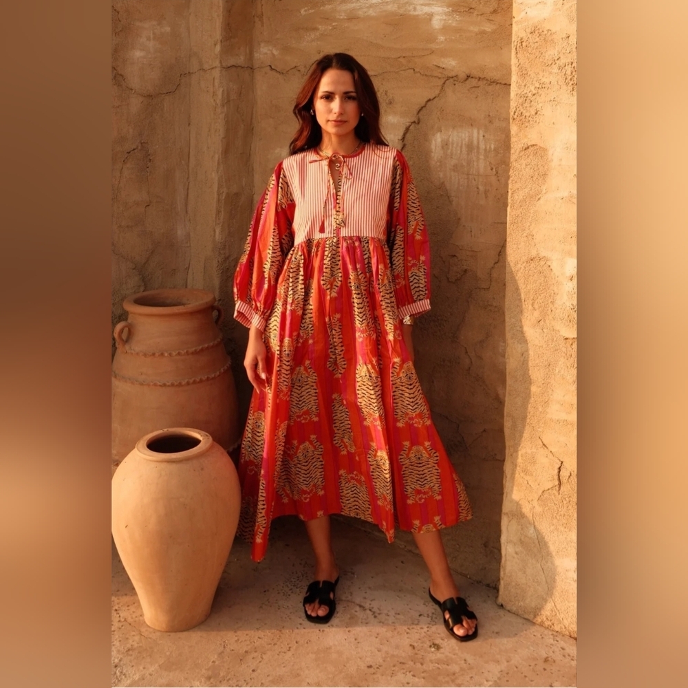 Modest Midi Indian Hand Blocked Printed Cotton Dress